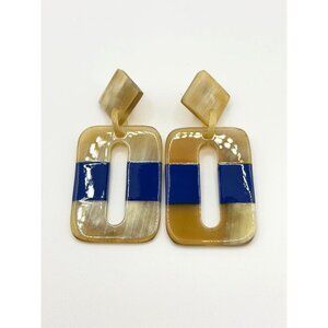 Vintage-Inspired Geometric Dangle Earrings With Blue & Beige Acrylic Accents